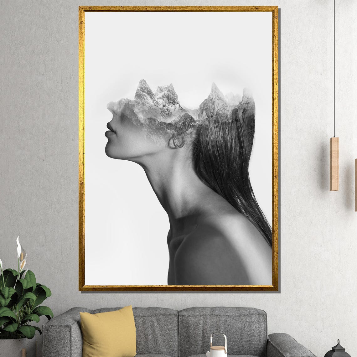 Double Exposure Mountain Woman Minimalist Black White Profile Poster