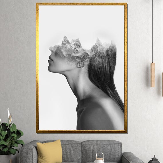 Double Exposure Mountain Woman Canvas Minimalist Monochrome Portrait Wall Art Symbolic Nature Gift For Bedroom Office Or Creative Space