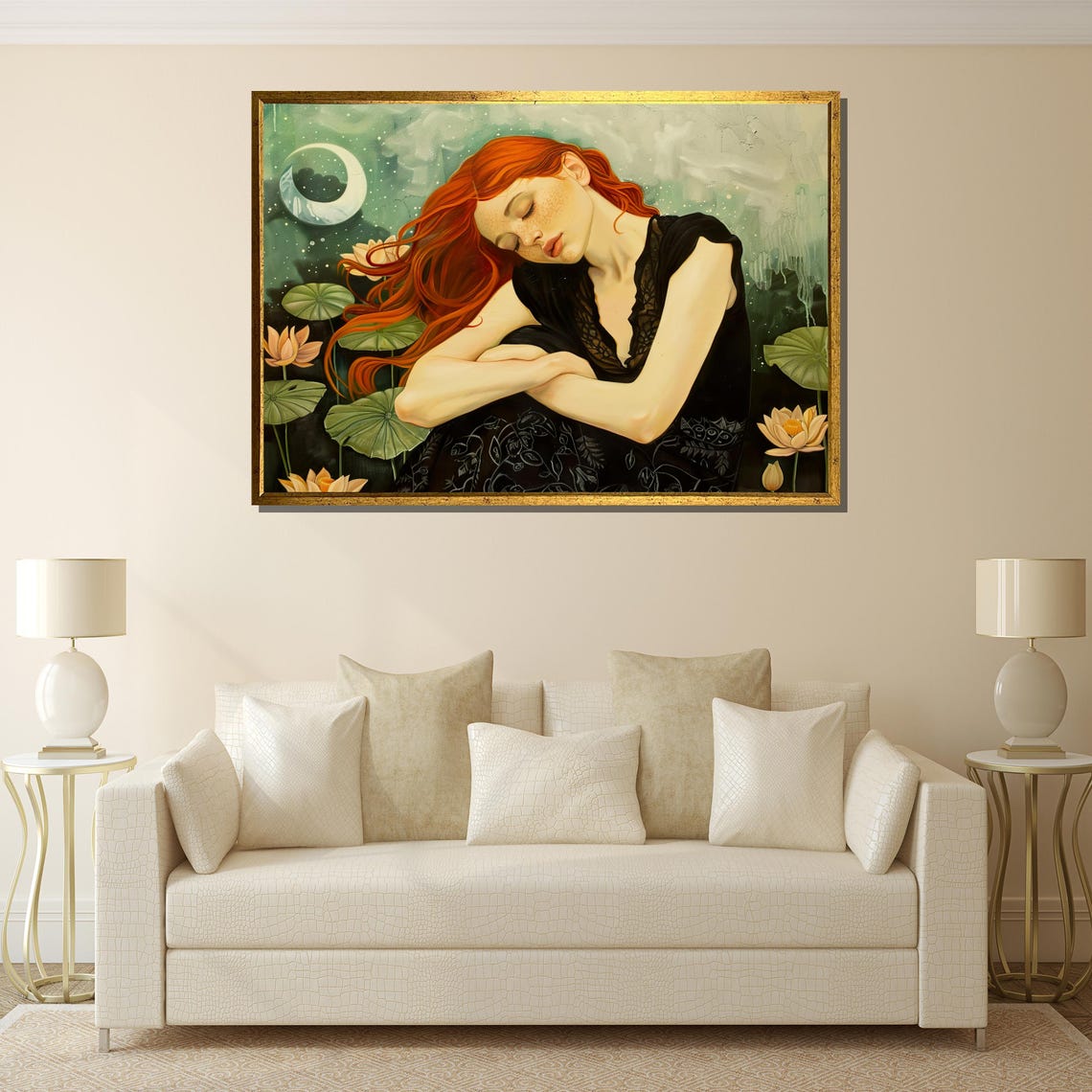 Red Haired Woman Sleeping Among Blooms Under Crescent Moon Poster - Image 4