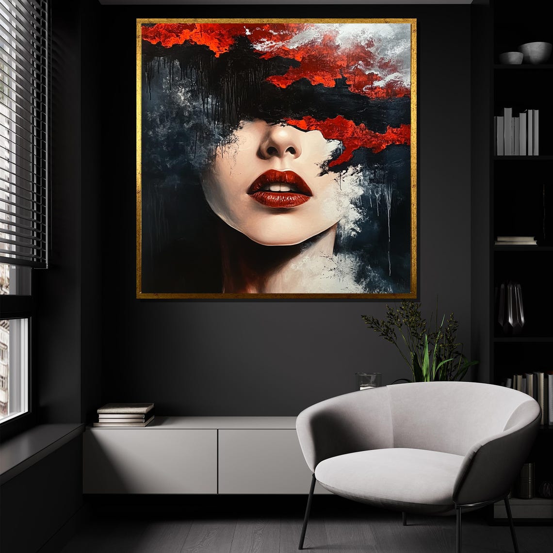 Abstract Woman Face Wall Art Red Lips Portrait With Black And Crimson Brush Strokes For Bold Modern Minimalist Canvas Interior Statement - Image 4