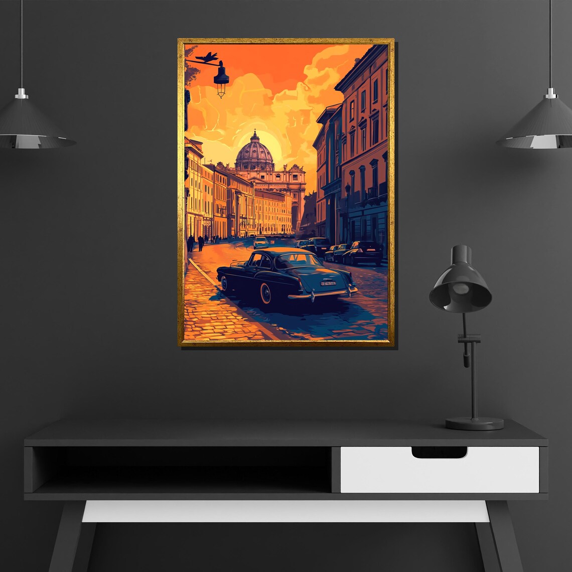 Vatican Sunset Street Classic Car Golden Rome Evening Poster - Image 2