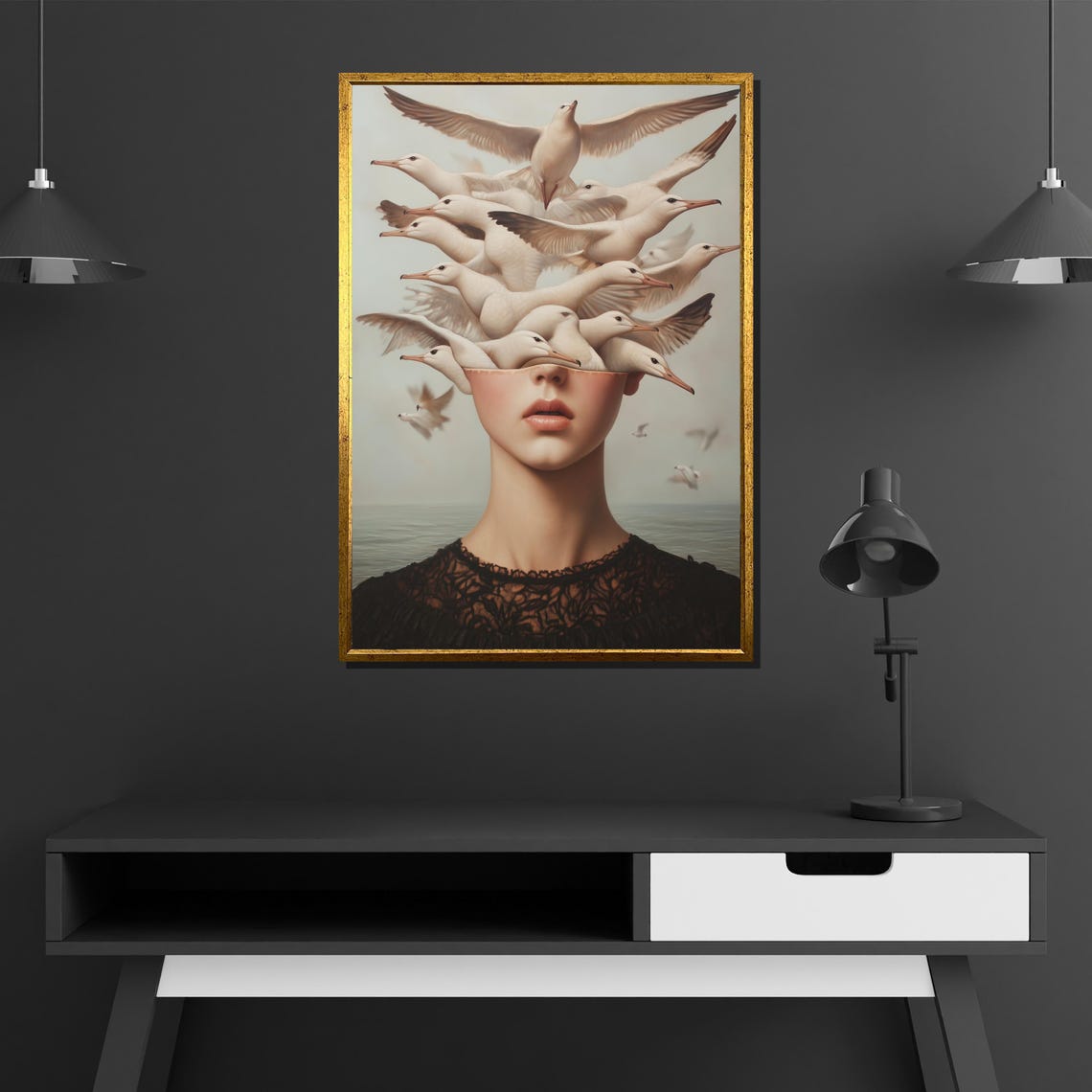 Surreal Woman With Seagull Head Dreamy Freedom Ocean Art Poster - Image 2