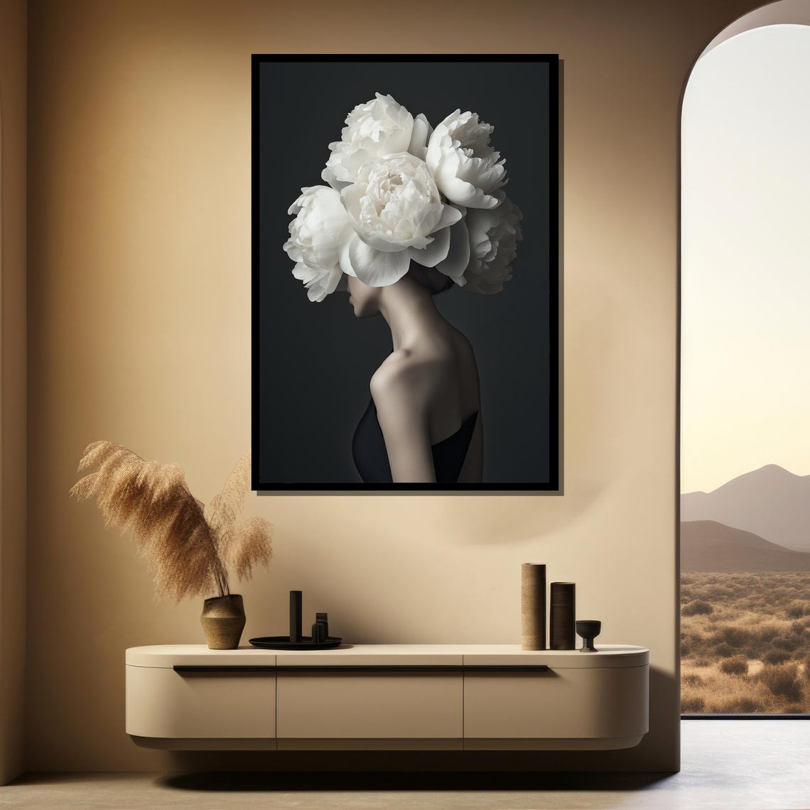 Minimalist Woman With White Peonies Black Background Wall Art - Image 3