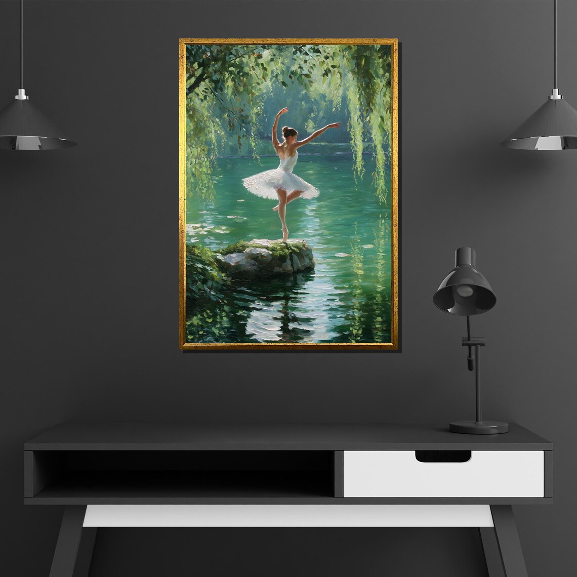 Ballerina Dancing on Mossy Rock by Green Lake Impasto Nature Painting Poster - Image 4