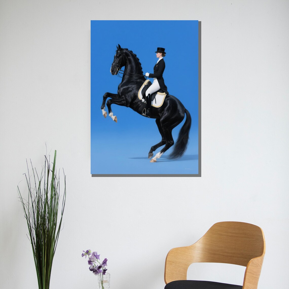 Dressage Rider on Black Horse Rearing Royal Blue Equestrian Poster - Image 2