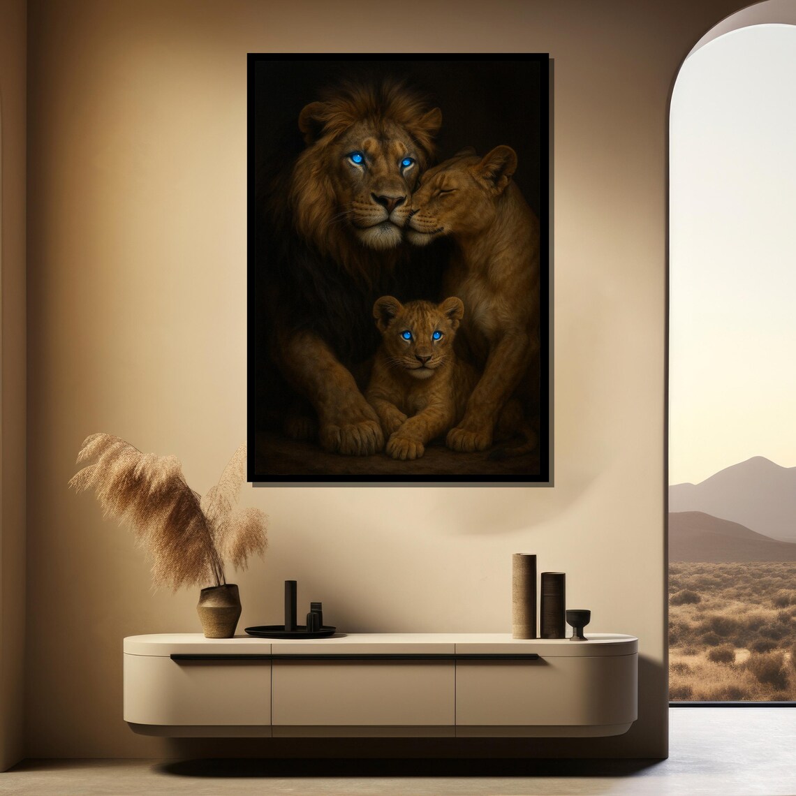 Majestic Lion Family Father Mother Cub Blue Eyes Wildlife Poster - Image 3