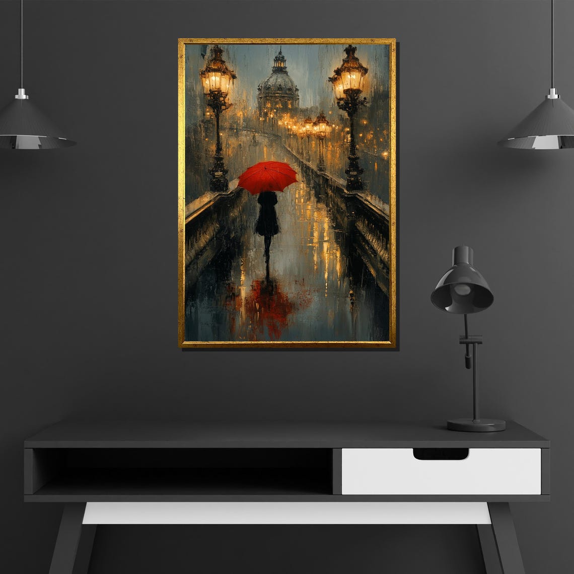 Red Umbrella Rainy Night Bridge Glowing Lamps Impressionist Poster - Image 2
