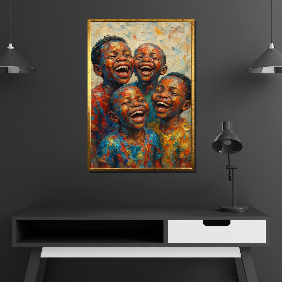 Four Joyful Children Laughing Together Colorful Impasto Portrait Painting Poster - Image 4