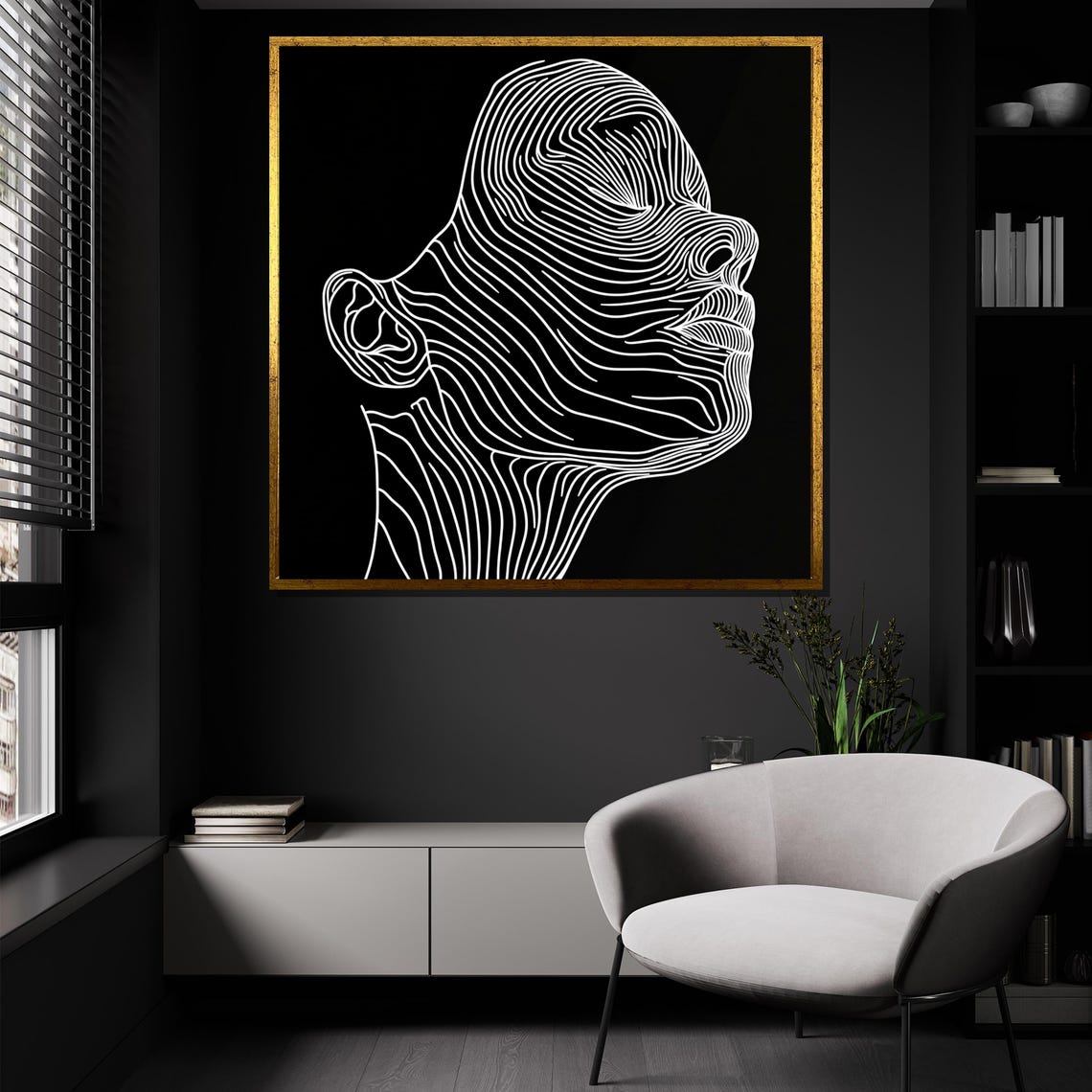 Minimalist Contour Line Face White on Black Monochrome Art Poster - Image 4