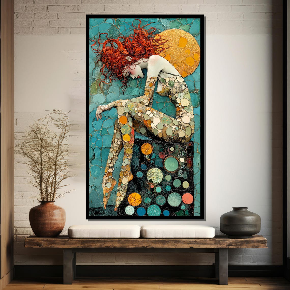 Mosaic Woman With Red Hair Abstract Female Figure Gold Sun Poster - Image 3