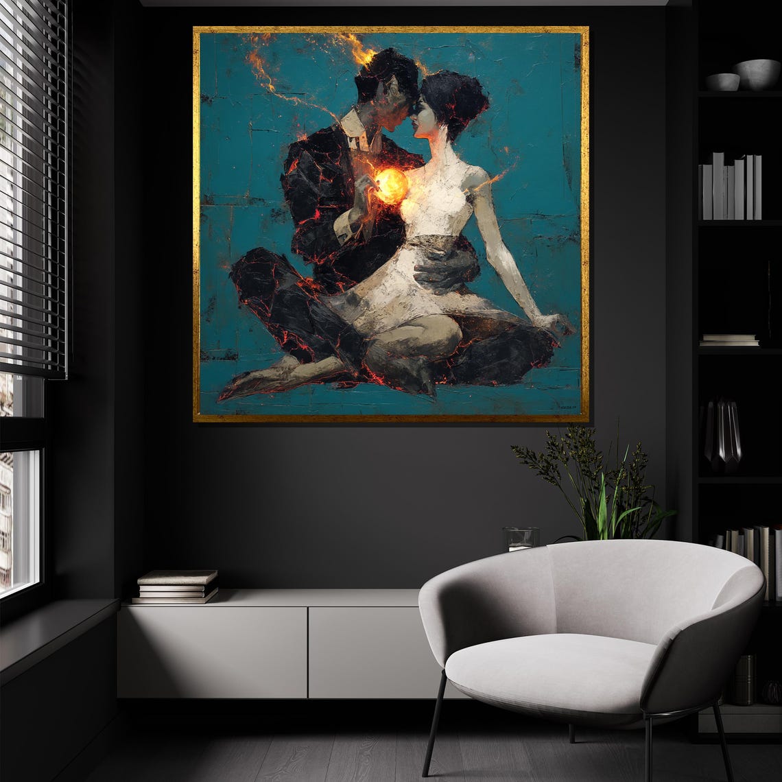 Lovers Embrace With Glowing Heart Romantic Dark Teal Art Poster - Image 3