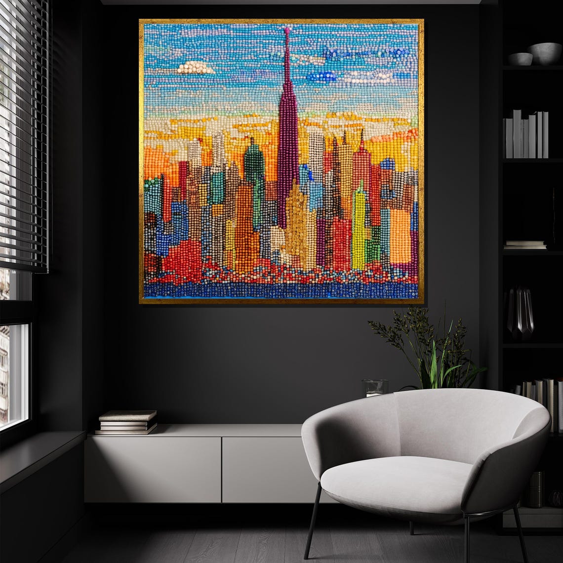 Colorful Bead Mosaic City Skyline New York Empire State Art Poster - Image 4