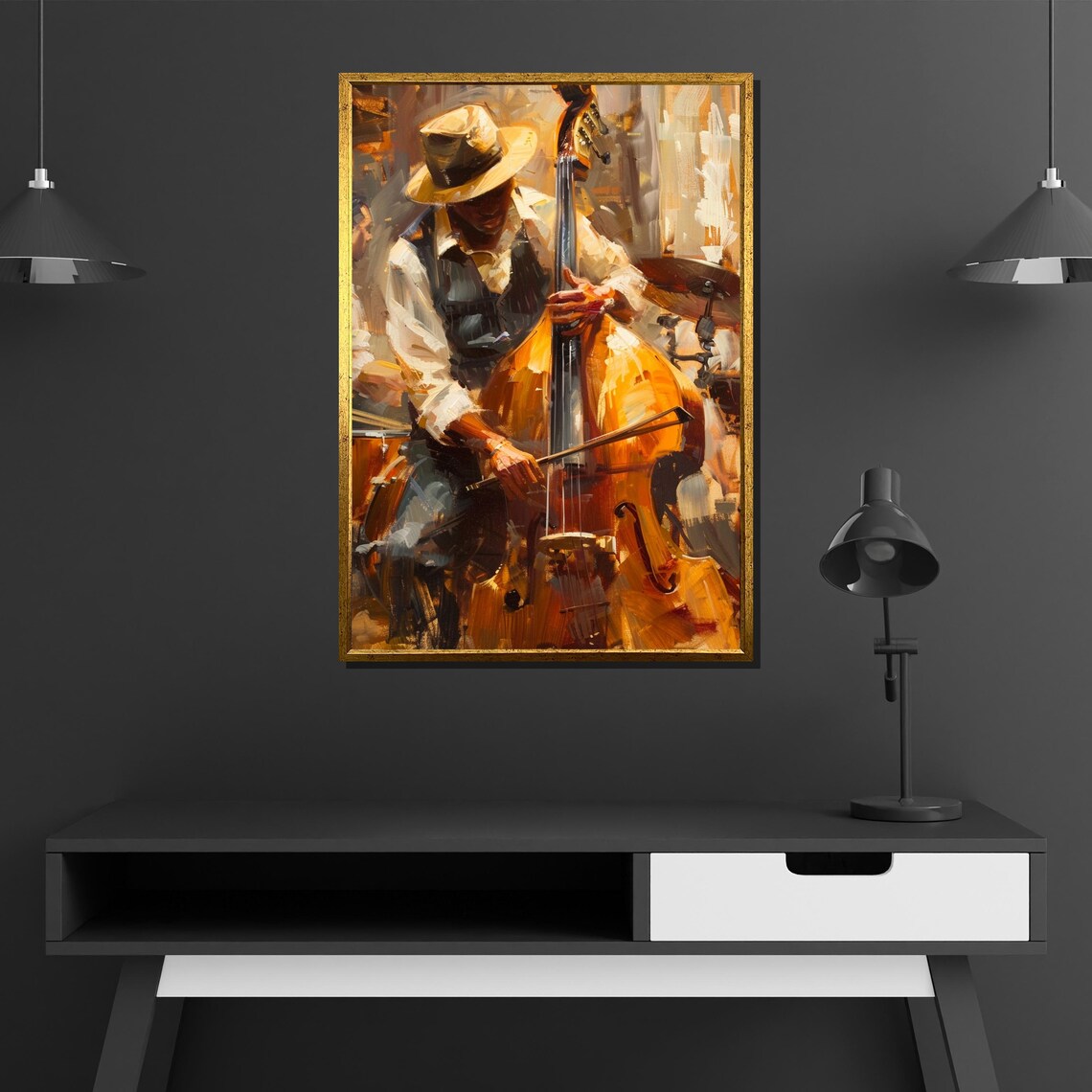 Jazz Bassist Playing Double Bass Vintage Music Painting Poster - Image 2
