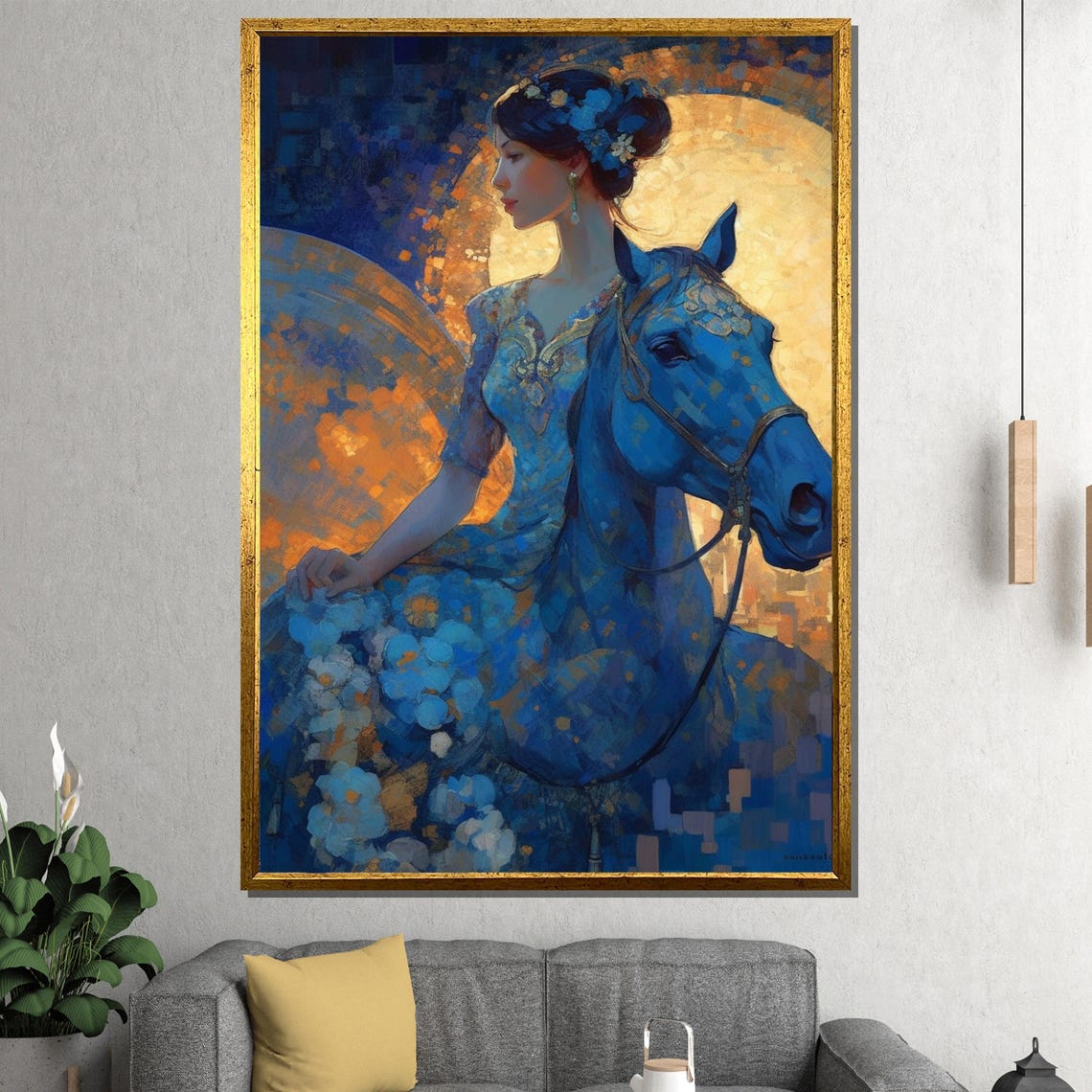Fantasy Woman Riding Blue Horse Beneath Golden Moon Wall Art