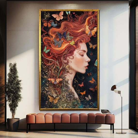 Fantasy Redhead Woman With Butterflies Canvas Painting Dreamy Feminine Wall Art Whimsical Gift For Bedroom Studio Or Magical Spaces