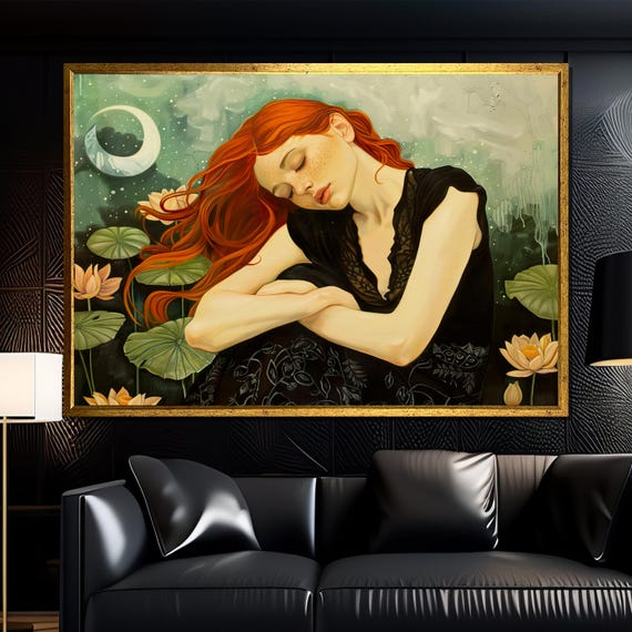 Moonlit Reverie Red Haired Woman Sleeping Among Blooms Beneath A Crescent Moon In Dreamy Night Garden For Enchanting Wall Decor