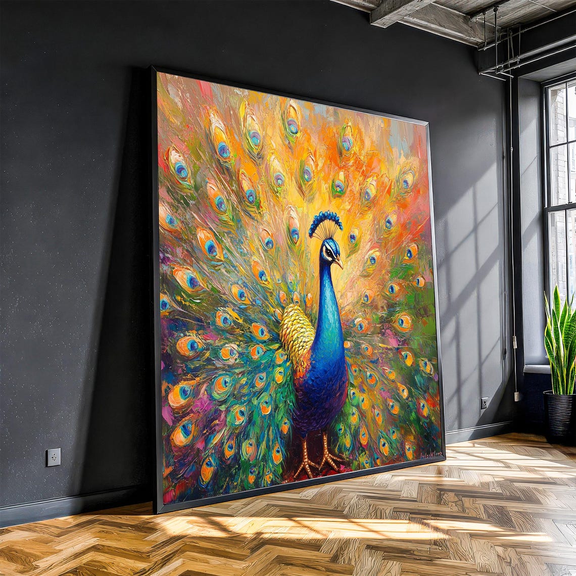Dazzling Rainbow Peacock Fanned Feathers Colorful Impasto Poster