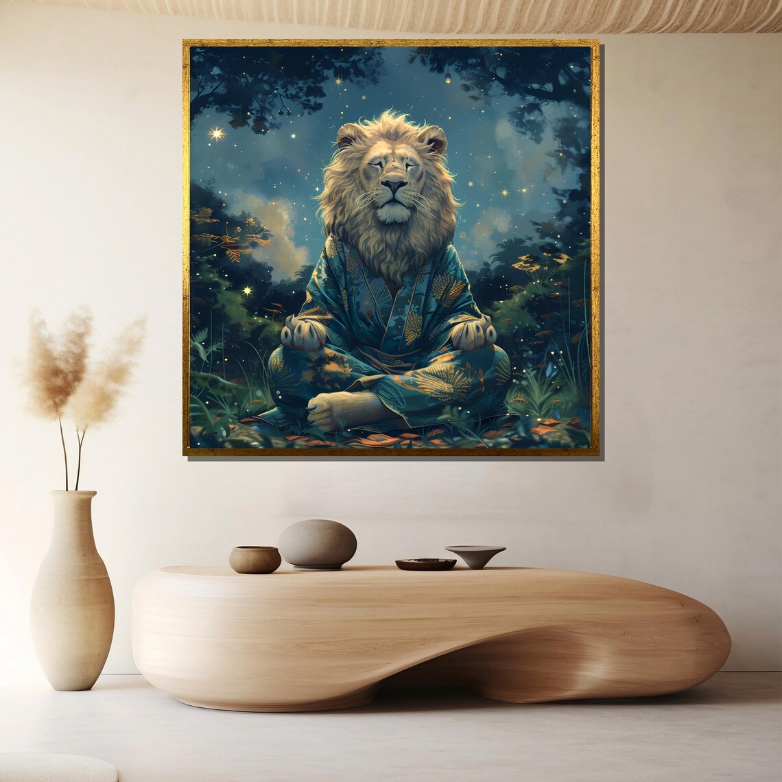 Serene Meditating Lion Lotus Pose Starry Night Zen Art Poster - Image 2