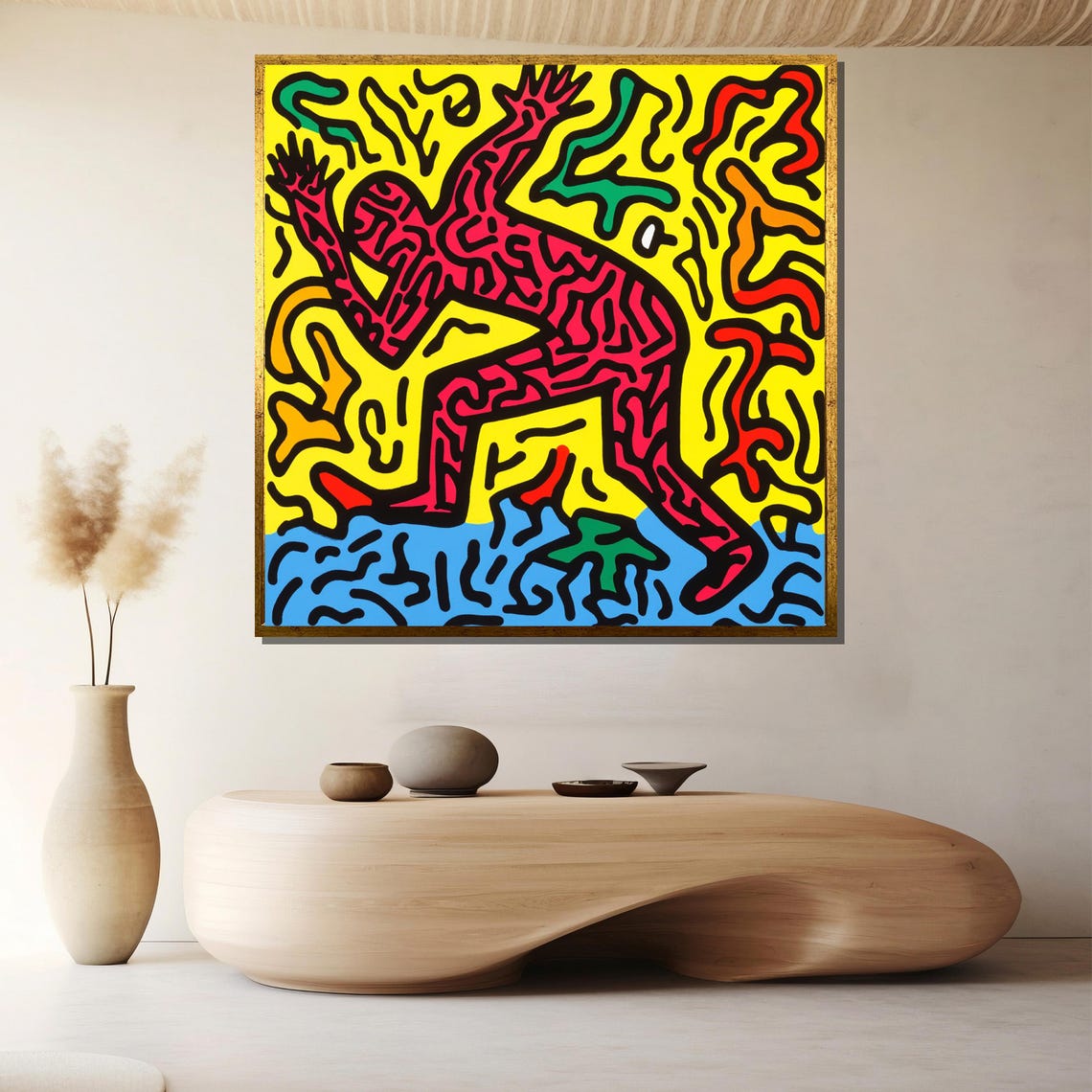 Keith Haring Inspired Bold Red Dancer Neon Yellow Pop Art Poster