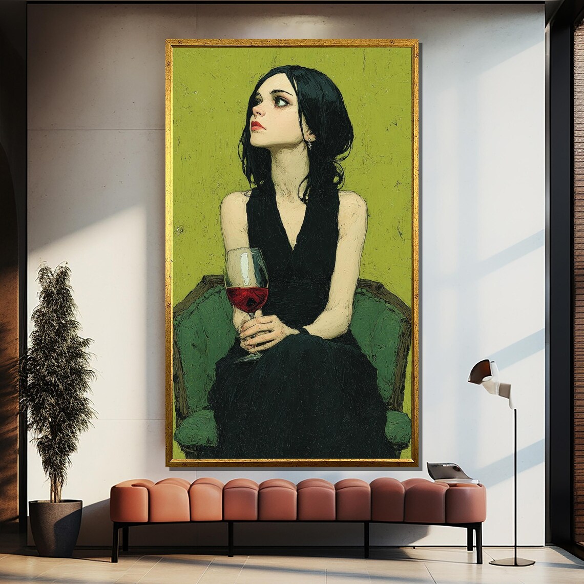 Woman in Black Dress Holding Wine Glass Expressionist Portrait Poster - Image 4