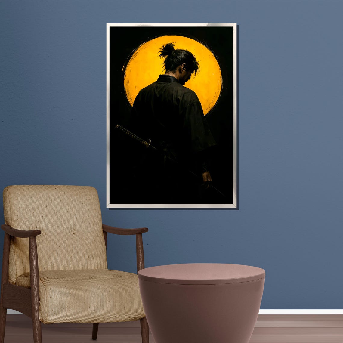 Samurai Silhouette With Katana Before Golden Sun Circle Poster - Image 2