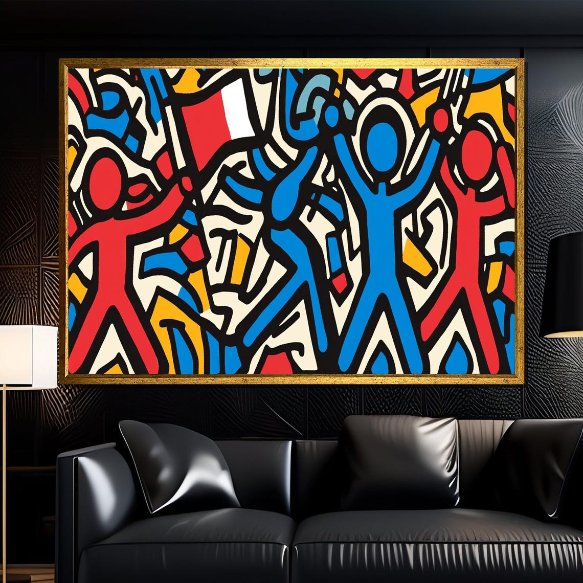 Keith Haring Inspired Marching Protest Crowd Red Flag Pop Poster