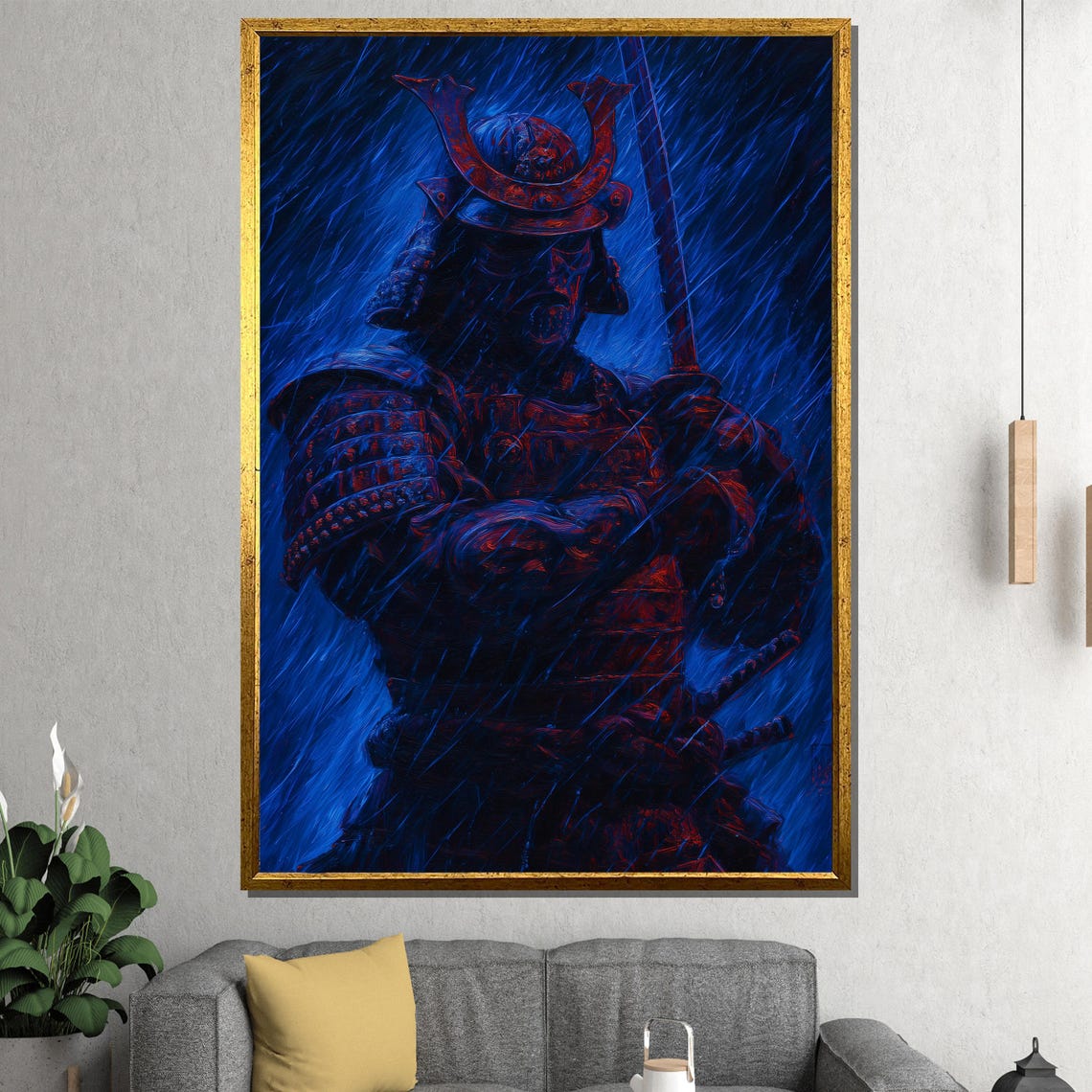 Samurai Warrior In Rain Neon Blue Red Armor Dramatic Night Poster