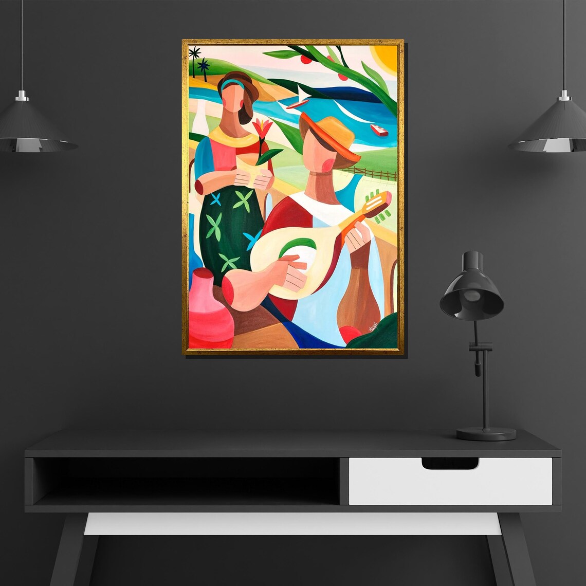 Colorful Couple by the Sea Abstract Coastal Melody Music Art Poster - Image 4