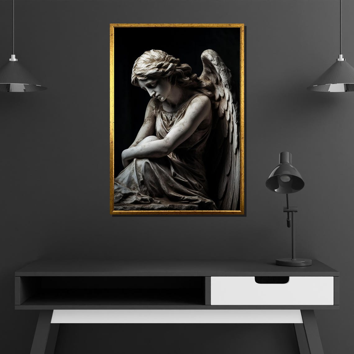 Weeping Angel Stone Statue Dark Moody Cemetery Sculpture Art Poster - Image 2