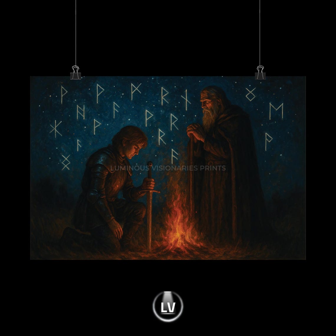 Rune Reading Campfire Knight Elder Night Sky Fantasy Art Poster