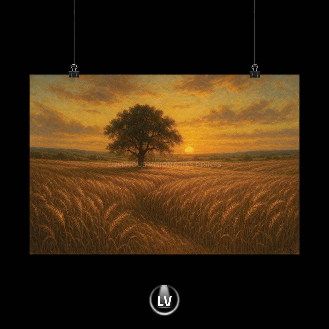 Golden Wheat Field Sunset Painting Lone Tree Countryside Art Print