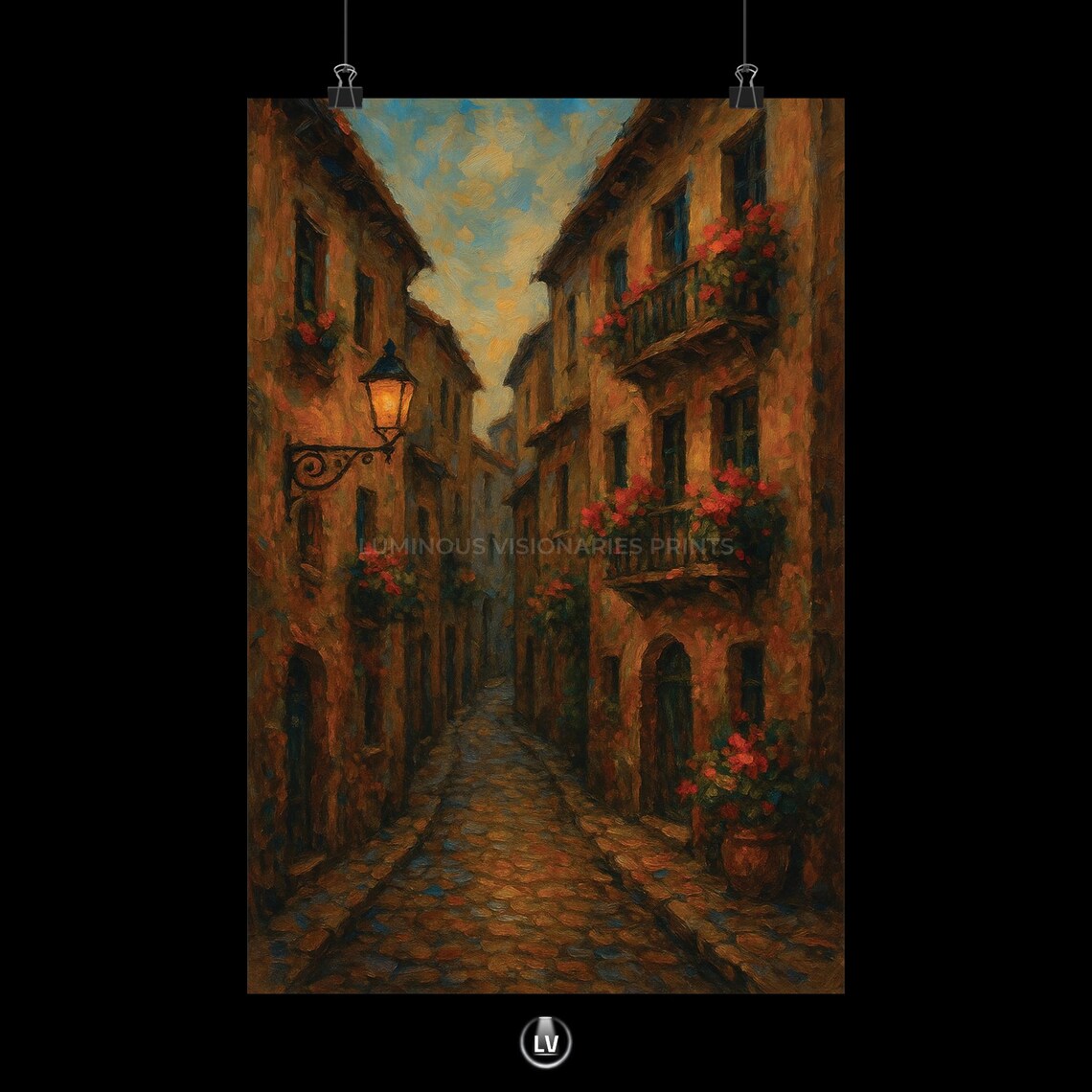 Old European Street Painting Poster Cobblestone Alley Lantern Vintage Wall Decor