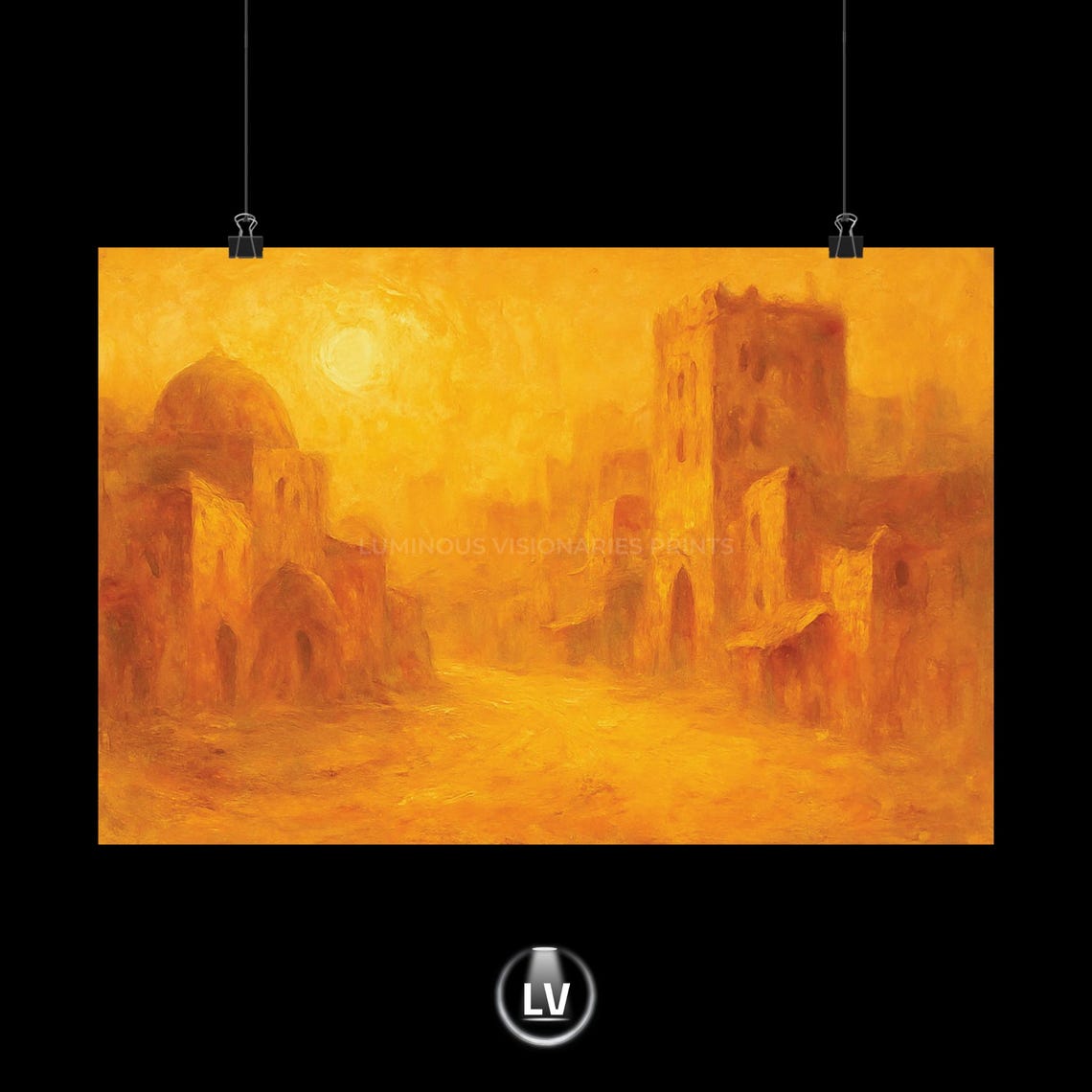 Desert Sunset Ancient Stone Ruins Golden Oil Painting Poster