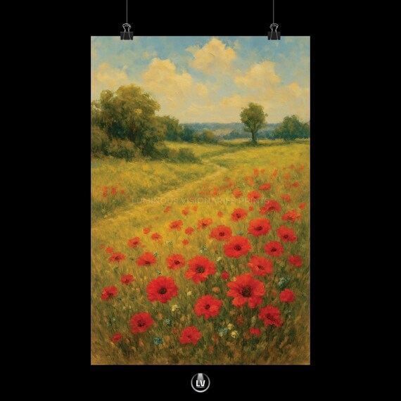 Red Poppy Meadow Wildflowers Sunlit Landscape Oil Painting Poster
