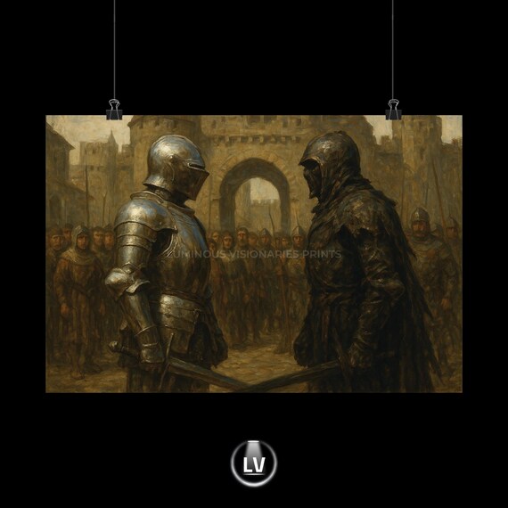 Armored Knights Sword Duel Castle Gate Medieval Battle Poster
