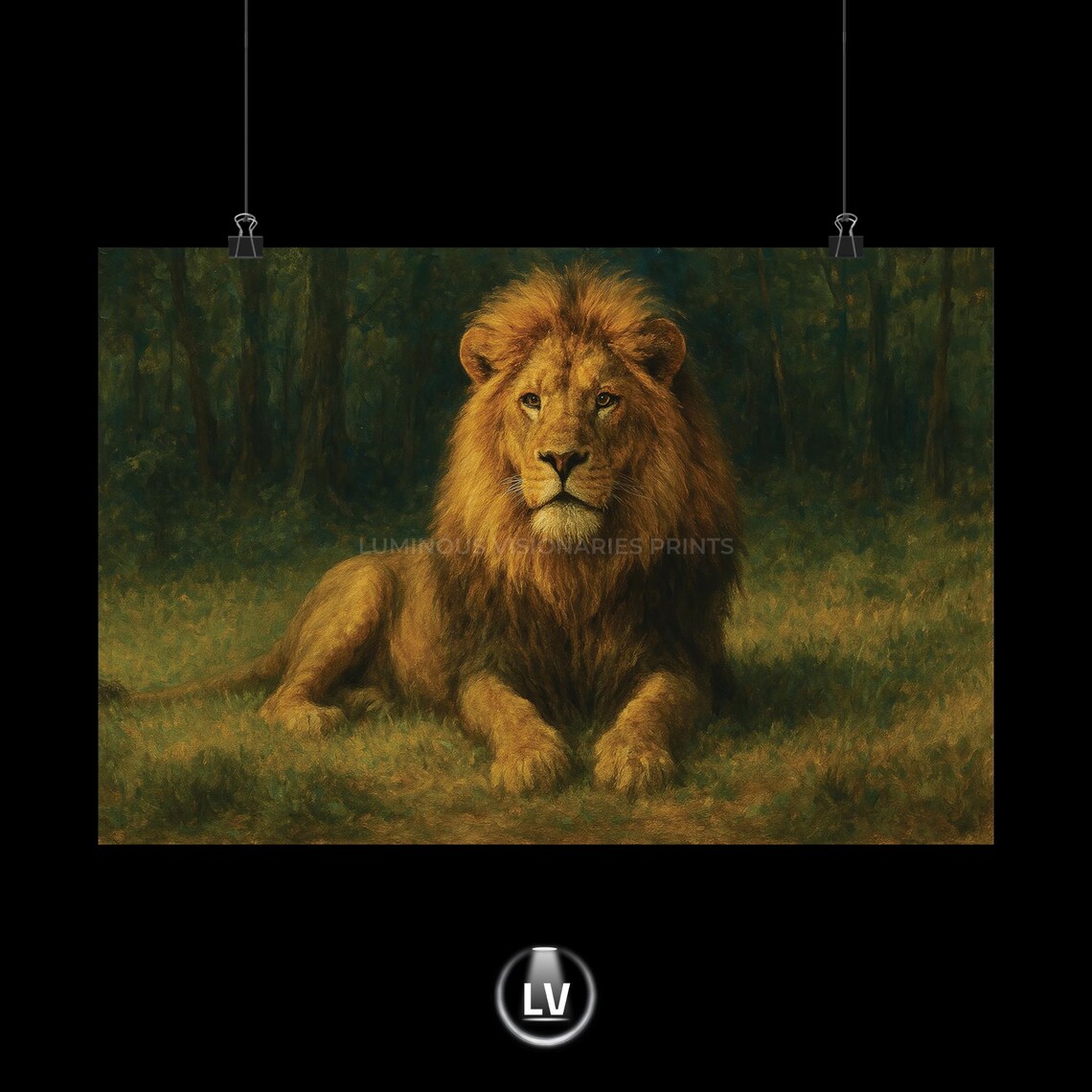 Majestic Lion Resting in Grass Vintage Oil Painting Style Wildlife Poster