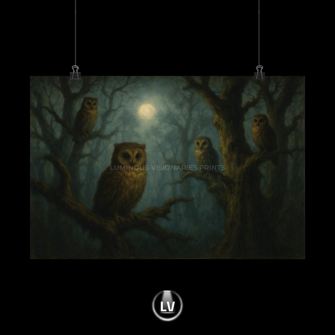 Owls in Moonlit Forest Dark Night Oil Painting Wildlife Poster