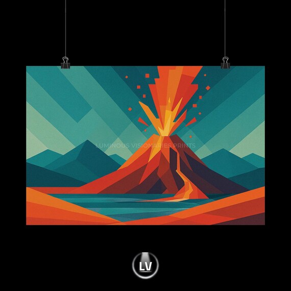 Geometric Dramatic Erupting Volcano Lava Mountain Art Poster