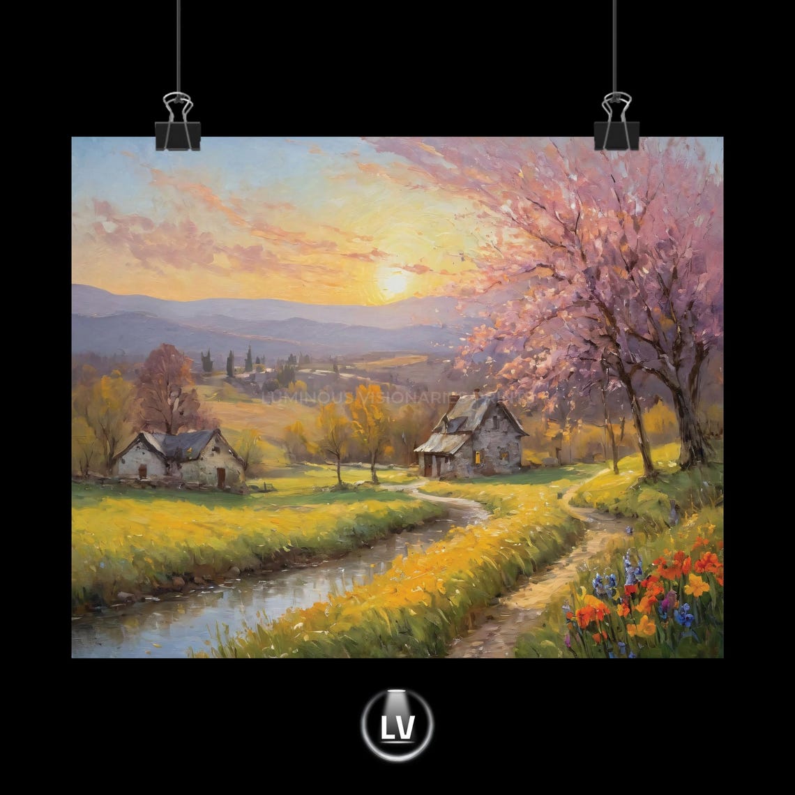 Sunset Countryside Painting Poster Blossom Trees by the Stream