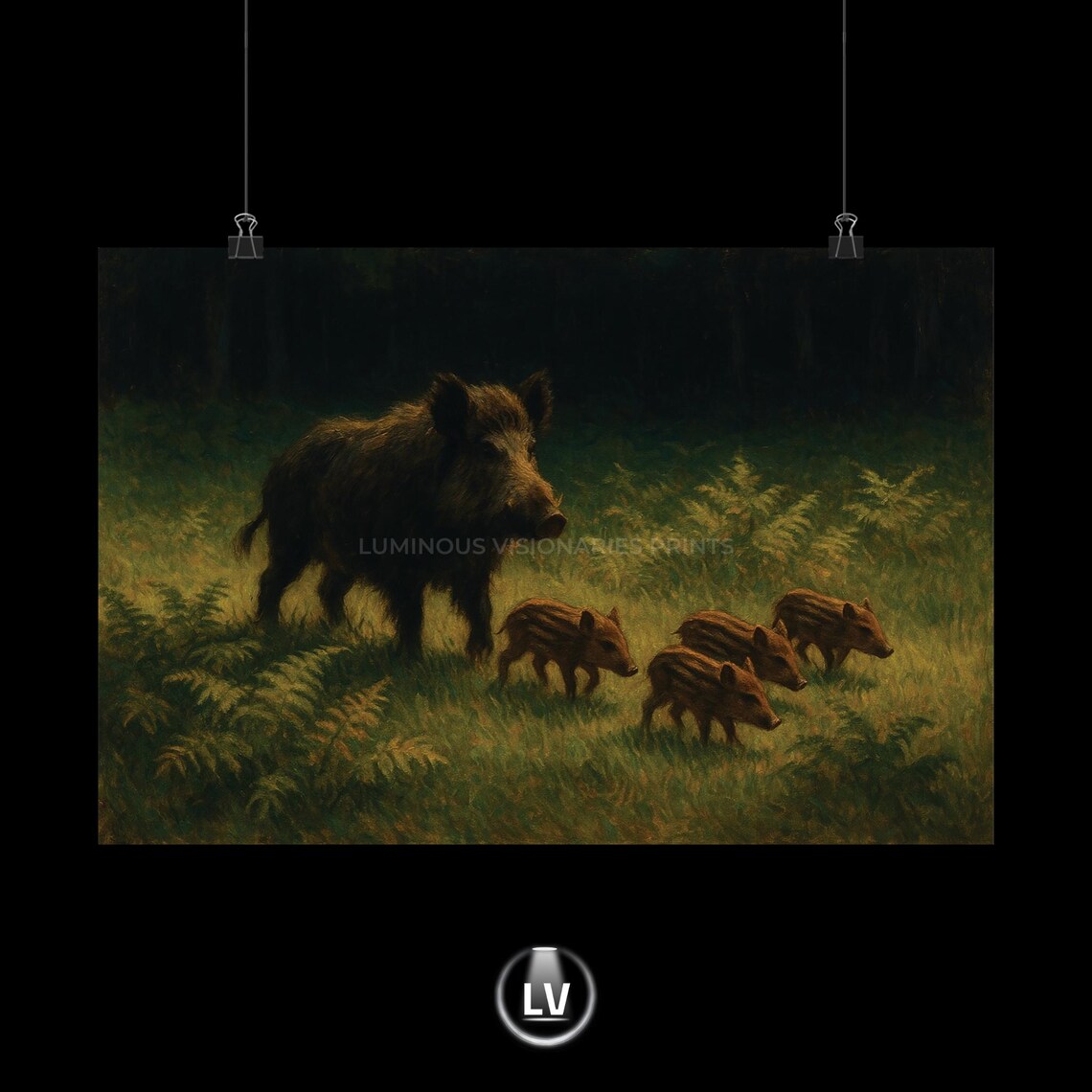 Boar And Piglets Poster Print, Rustic Nature Decor