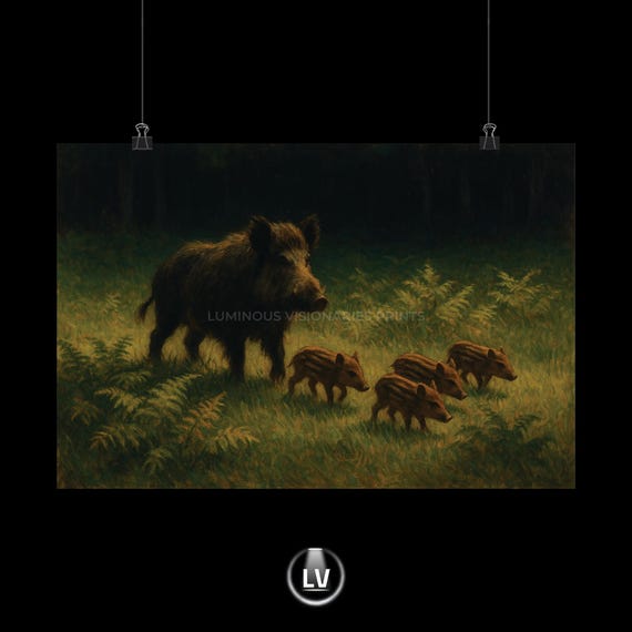 Boar And Piglets Poster Print, Rustic Nature Decor