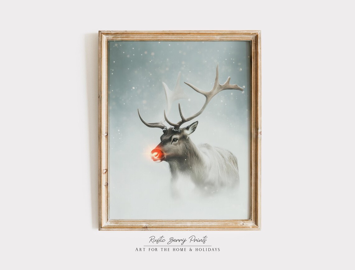 Red Nose Reindeer Head Portrait Icy Pale Winter Dreamy Animal Poster