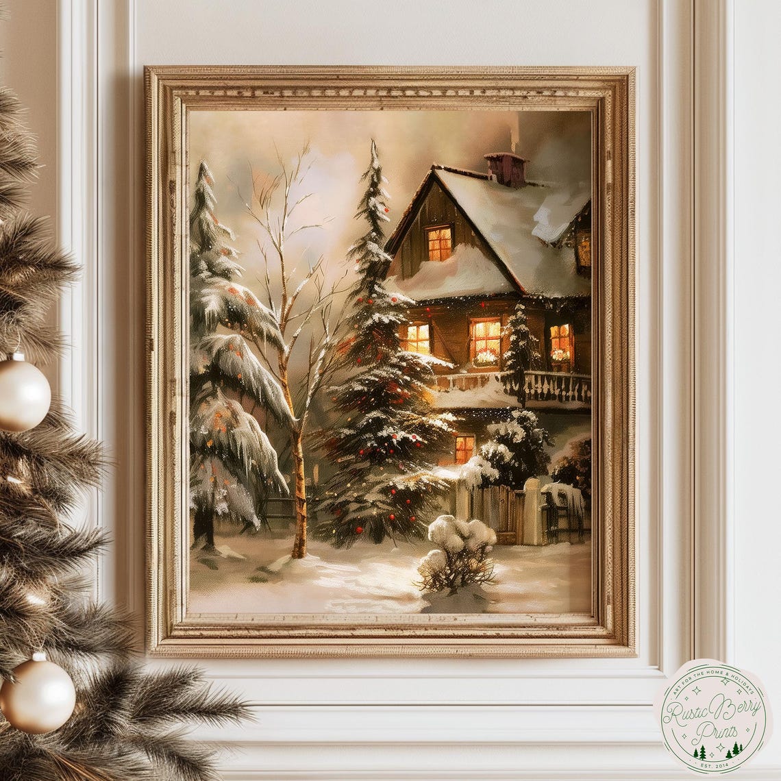 Cozy Winter Lodge Glowing Windows Snow Covered Pines Vintage Print