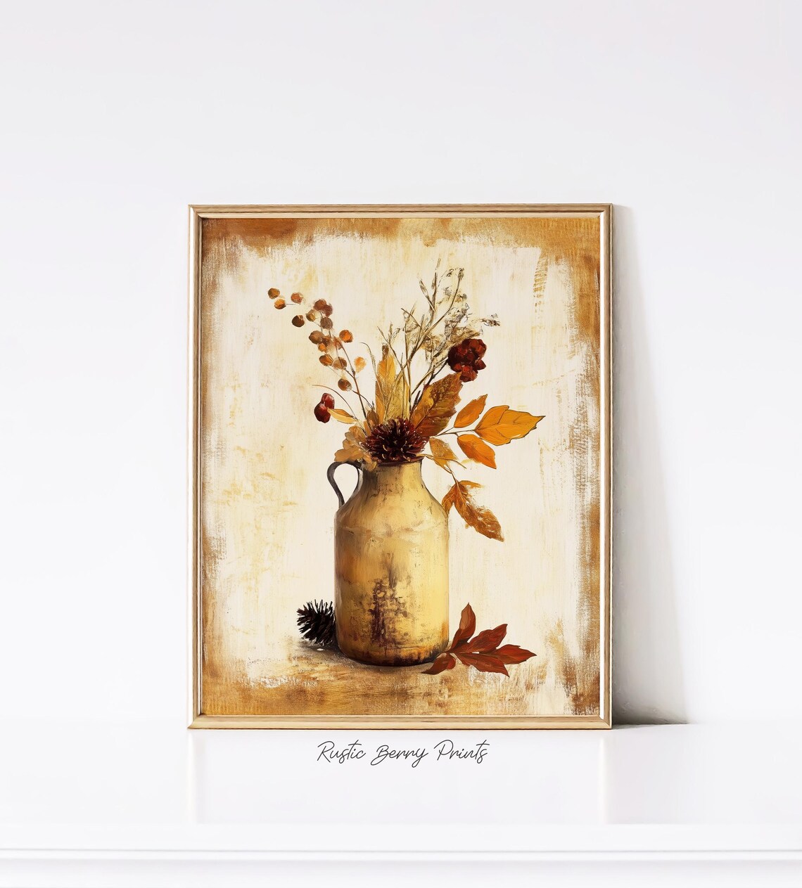 Rustic Golden Autumn Flowers Jug Still Life Fall Painting Wall Art - Image 2