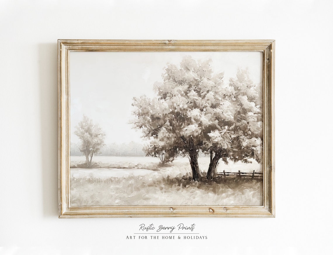 Two Trees Misty Beige Field Old Fence Serene Country Art Poster