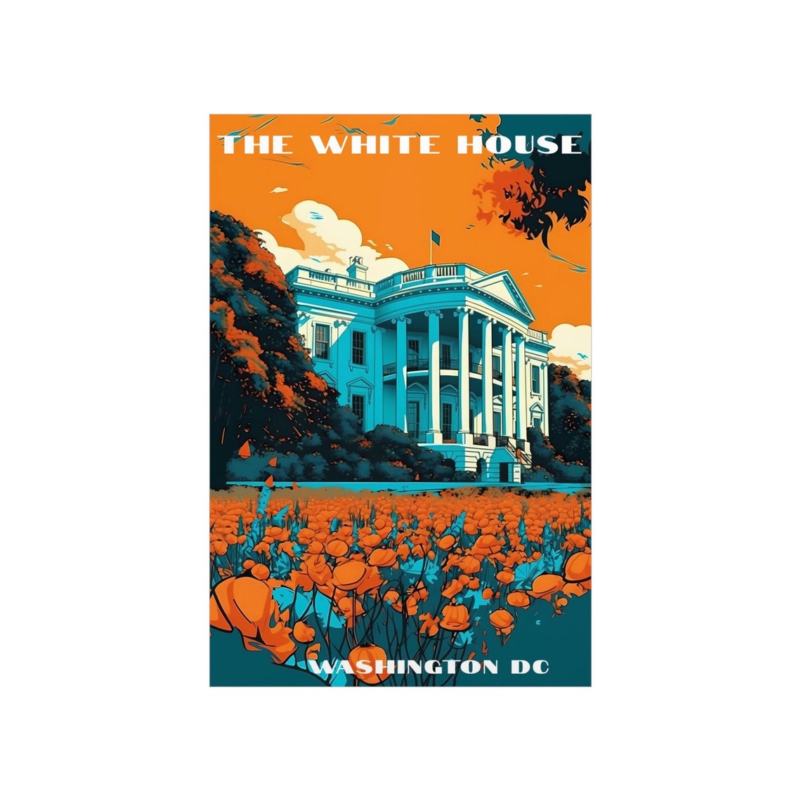 The White House at Sunset Washington DC Vintage Travel Poster