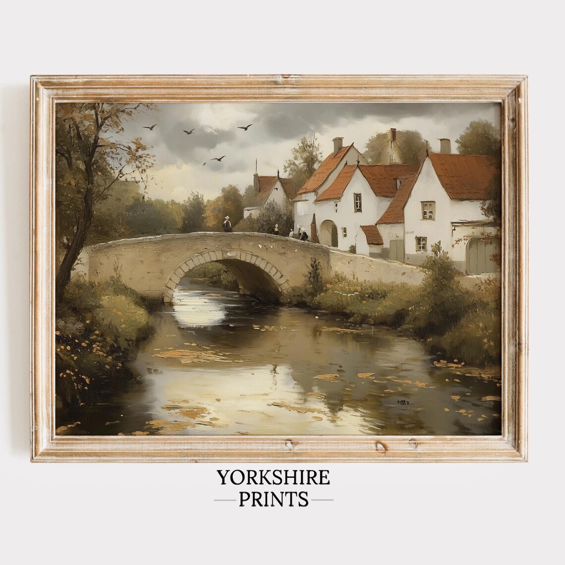 European Village Stone Bridge Over River Vintage Countryside Poster
