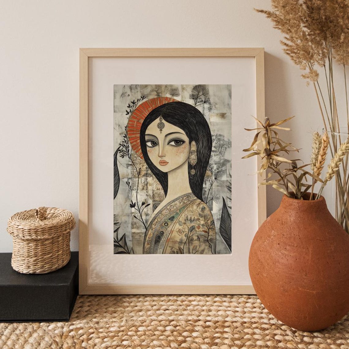 Elegant Indian Woman Portrait in Sari Traditional Folk Art Poster - Image 5