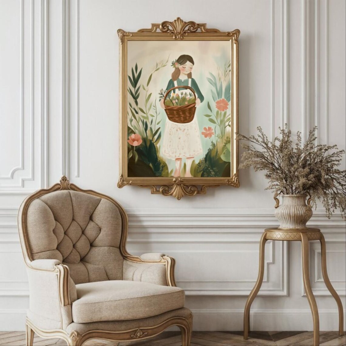 Smiling Girl Holding Flower Basket in Lush Garden Folk Art Poster - Image 2