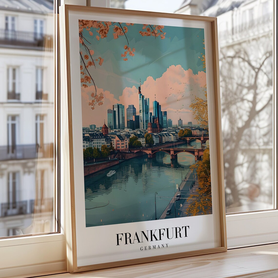 Frankfurt Germany Skyline River Bridges Vintage Travel Poster Art